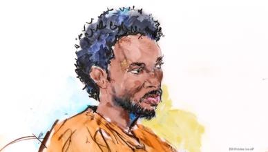 In this courtroom sketch, David Anthony Burke, whose stage name is D4vd, is seen in court Thursday, April 23, 2026, in Los Angeles on charges of killing a 14-year-old girl whose dismembered body was found in his car. (Bill Robles via AP)