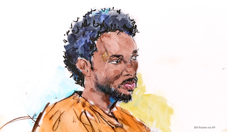 In this courtroom sketch, David Anthony Burke, whose stage name is D4vd, is seen in court Thursday, April 23, 2026, in Los Angeles on charges of killing a 14-year-old girl whose dismembered body was found in his car. (Bill Robles via AP)