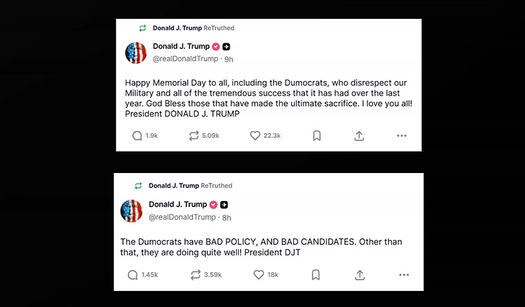 Donald Trump Truth Social Posts About Mem0rial Day. (Credit: Truth Social/Donald J Trump)