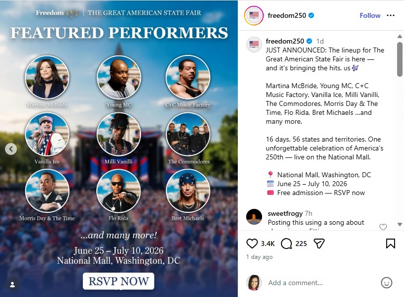 Freedom 250 Organizers announced the concert lineup on social media. (Credit: Instagram)