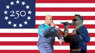 Rapper Young MC and Morris Day are shown with the Freedom 250 logo (Credit: YouTube, Shutterstock, and Freedom 250)