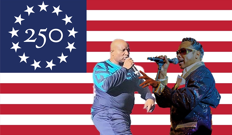 Rapper Young MC and Morris Day are shown with the Freedom 250 logo (Credit: YouTube, Shutterstock, and Freedom 250)