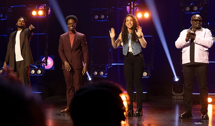 (L-R) "Funny AF With Kevin Hart" finalists Usama Siddiquee, Ron Taylor, Caitlin Peluffo, Reg Thomas (Credit: Netflix)