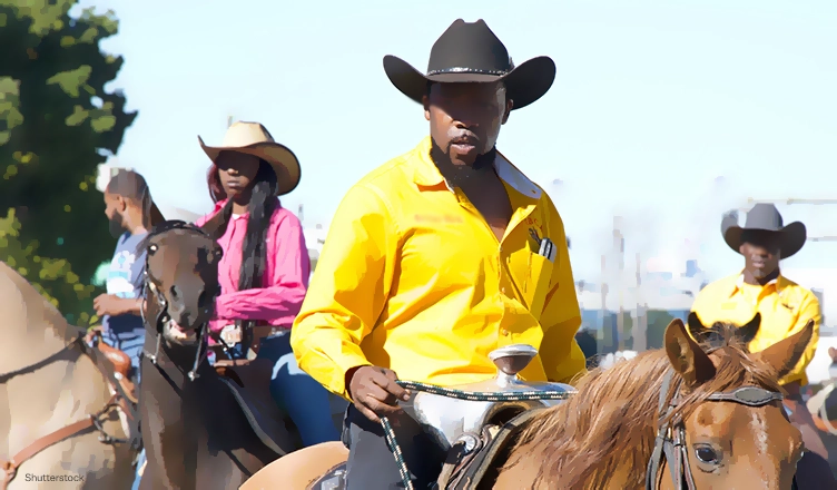 Unidentified participants in 45th annual Black Cowboy parade, hosted by the Oakland Black Cowboy Association, promoting the contributions of people of color to the Old West. (Credit: Shutterstock)
