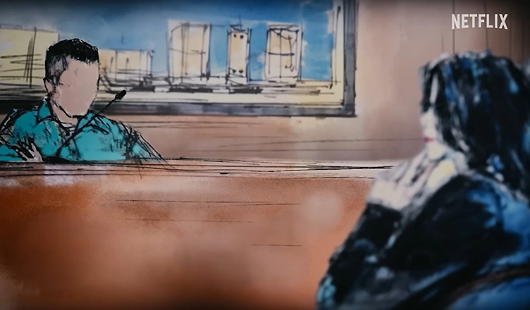 A courtroom sketch in Michael Jackson The Verdict shows Jackson facing his accuser. (Credit: Netflix)
