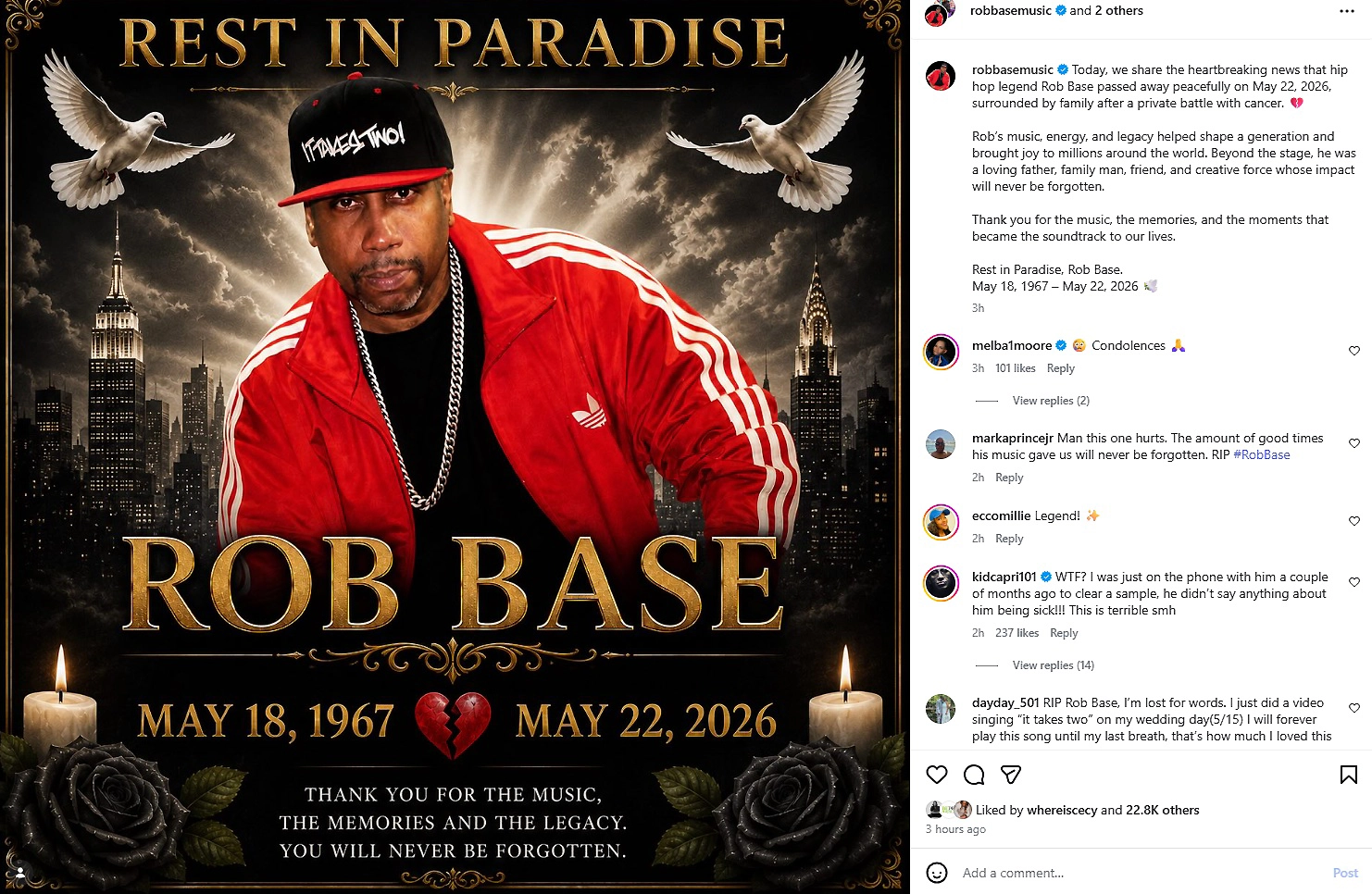 Rob Base Obituary Post (Credit: Instagram/Rob Base)