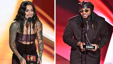 Kehlani and Leon Thomas picked up awards at the BET Awards 2026 at Peacock Theater on June 28, 2026 in Los Angeles, California. (Photo by Paras Griffin/Getty Images for BET)