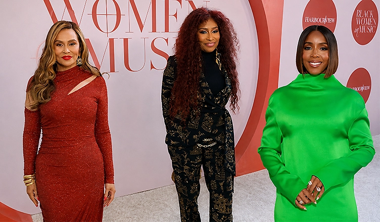 (L-R) Tina Knowles, Chaka Khan and Kelly Rowland are shown on the red carpet at the 2026 Black Women in Music Dinner presented by The Connie Orlando Foundation on June 12, 2026 at the Audrey Irmas Pavilion in Los Angeles. (Credit: Robin L Marshall/Getty Images for The Connie Orlando Foundation)