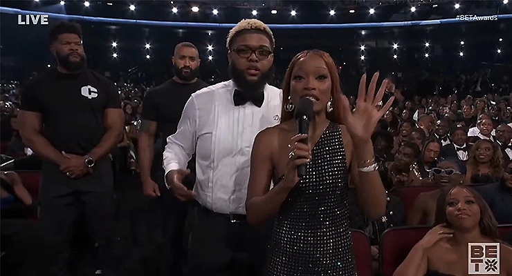 Druski and Keke Palmer shared a brief exchange during the BET Awards on Sunday, June 28, 2026. (Credit: YouTube/BET)