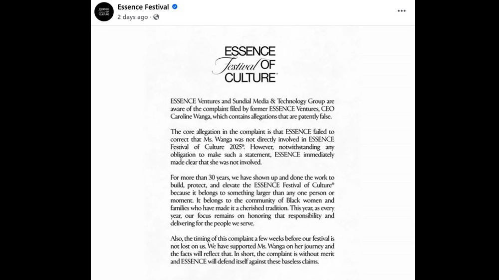 Essence Ventures responded to a lawsuit by former CEO Caroline Wanga. (Credit: Facebook/Essence Festival)