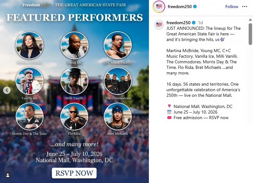 Freedom 250 organizers announced nine acts would take part in the concert series. (Credit: Instagram)