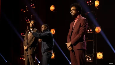 "Funny AF With Kevin Hart" season 1 finalists Usama Siddiquee and Ron Taylor with host Kevin Hart (Credit: Netflix)