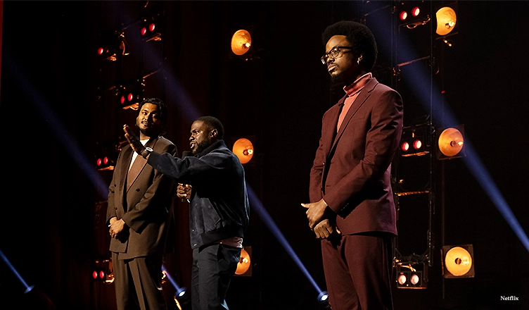 "Funny AF With Kevin Hart" season 1 finalists Usama Siddiquee and Ron Taylor with host Kevin Hart (Credit: Netflix)