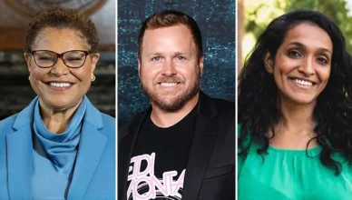 Los Angeles Mayor Karen Bass, Reality Star Spencer Pratt and City Councilwoman Nithya Raman. (Credit: Handout Photos and Popular Images)