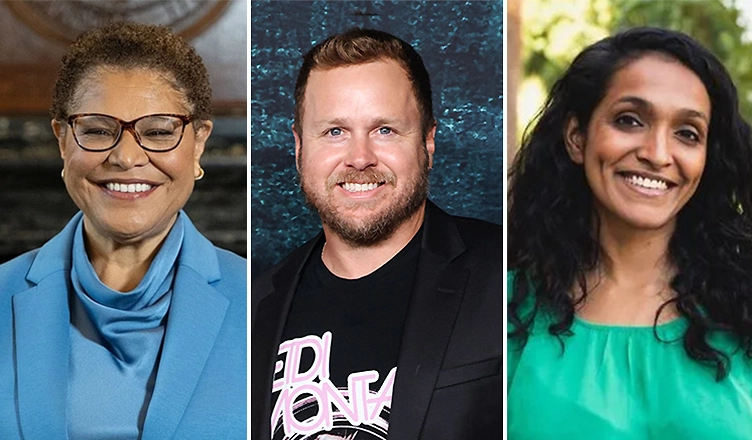 Los Angeles Mayor Karen Bass, Reality Star Spencer Pratt and City Councilwoman Nithya Raman. (Credit: Handout Photos and Popular Images)