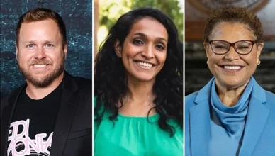 Reality Star Spencer Pratt, City Councilwoman Nithya Raman, and Los Angeles Mayor Karen Bass (Credit: Popular Images and Handout Photos)