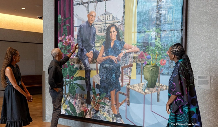 Former President Barack Obama and former first lady Michelle Obama unveiled their first official joint portrait together ahead of the grand opening of the Obama Presidential Center Museum in Chicago. (Credit: The Obama Foundation)