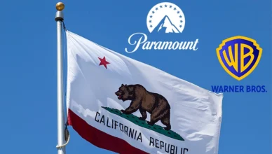 California state flag with Paramount and Warner Bros. logos. (Credit: Deposit Photos and studios)