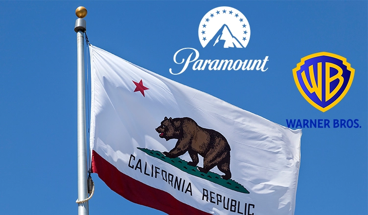 California state flag with Paramount and Warner Bros. logos. (Credit: Deposit Photos and studios)