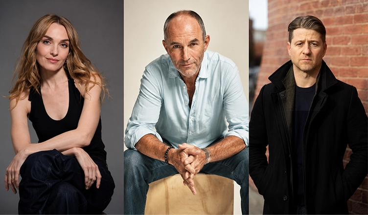 The cast of Netflix sports drama Myron Bolitar includes (L-R) Chloe Fineman, Jamie McShane, Ben McKenzie (Credit: Netflix)