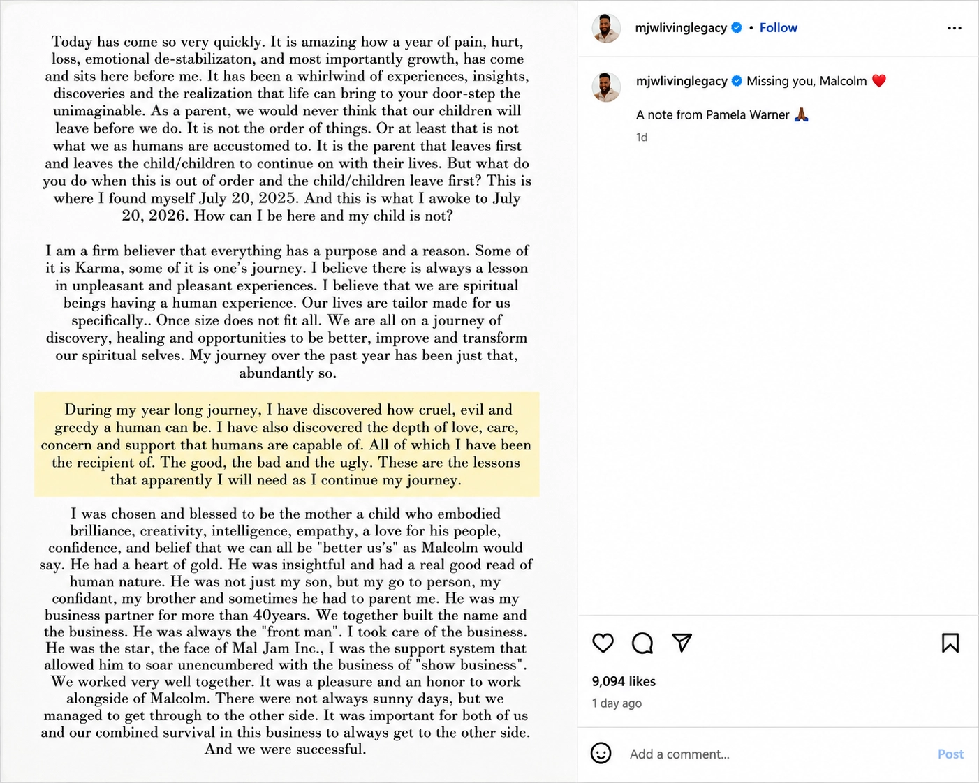 Pamela Warner Statement on anniversary of Malcolm-Jamal Warner death