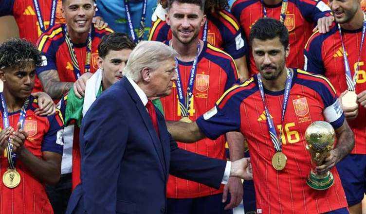 A Spanish soccer player seemingly urged Trump to move along after the World Cup medal presentations on Sunday, July 19, 2026. (Credit: Screengrab from Fox Sports)