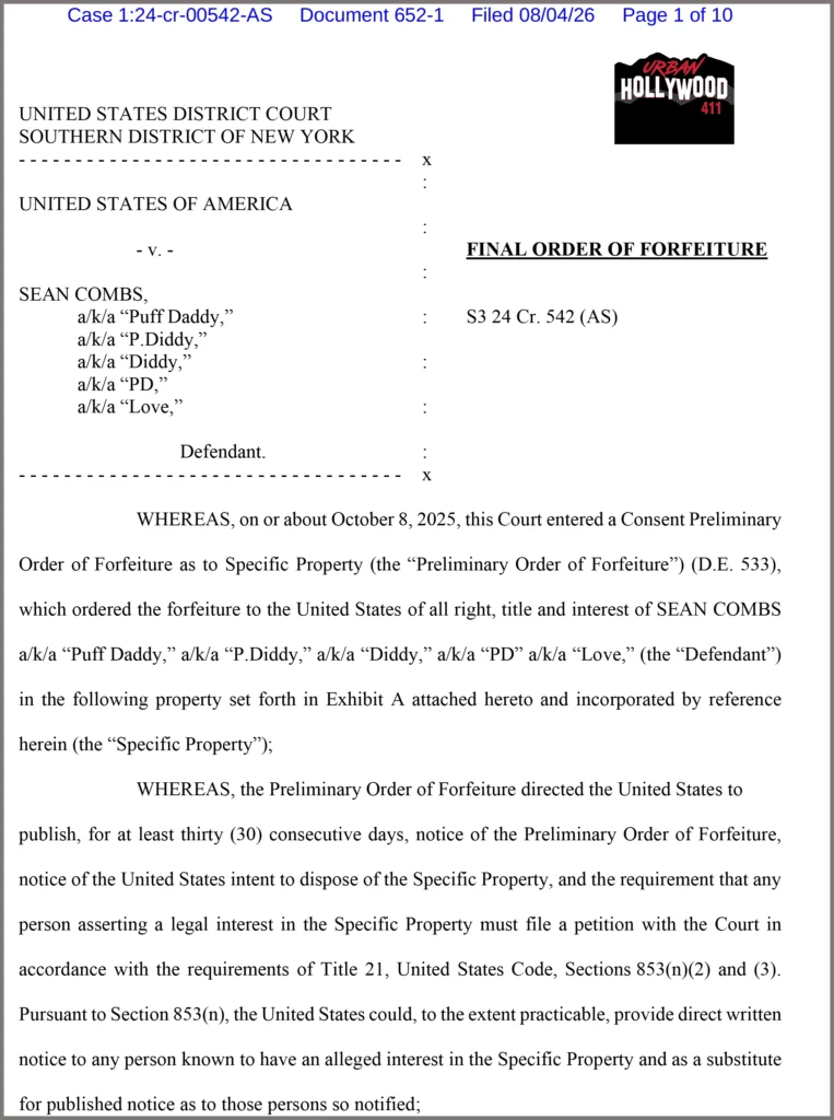 Diddy Forfeiture Order First Page With Logo from prosecutors in the Southern District of New York.