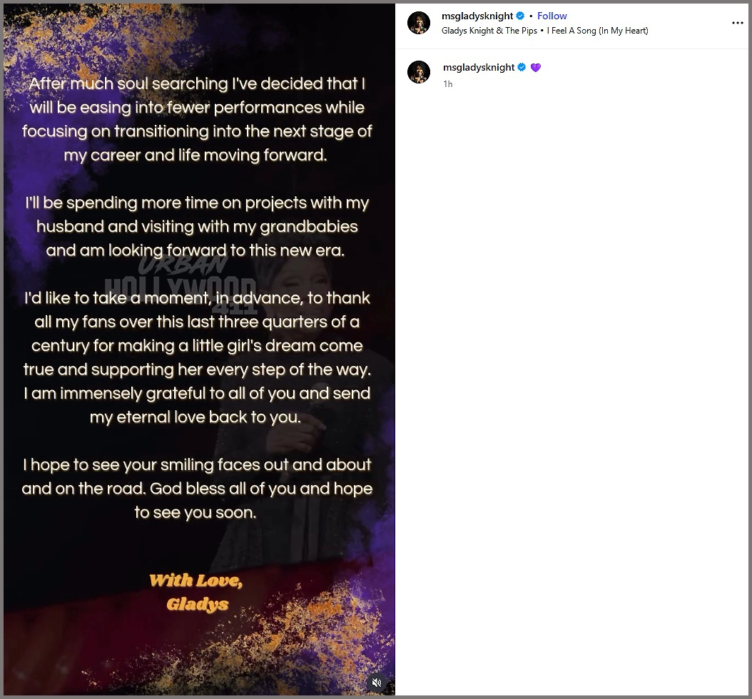 Gladys Knight released a statement on August 27, 2026, saying she would be cutting back on performances. (Credit: Instagram/Gladys Knight)