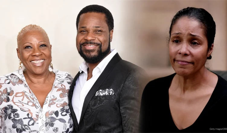 Malcolm-Jamal Warner with his mother at the Grammy Awards, and the actor's widow Tenisha Warner on CBS Mornings. (Credit: Getty Images for Recording Academy and CBS)