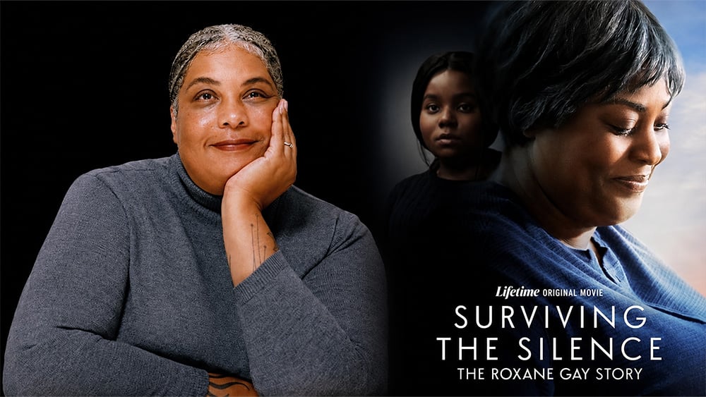 Roxane Gay and poster for Lifetime Movie Surviving the Silence: The Roxane Gay Story. (Credit: roxanegay.com and Lifetime).