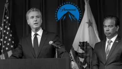Sacramento, CA - Feb 1, 2023: Governor Gavin Newsom speaking at a Gun Safety Legislation Press Conference as Rob Bonta looks on, with an inset of the Paramount logo (Credit: Shutterstock/Paramount)