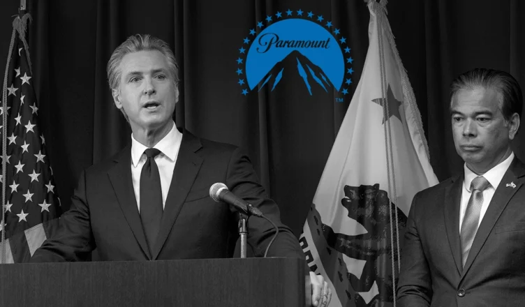 Sacramento, CA - Feb 1, 2023: Governor Gavin Newsom speaking at a Gun Safety Legislation Press Conference as Rob Bonta looks on, with an inset of the Paramount logo (Credit: Shutterstock/Paramount)
