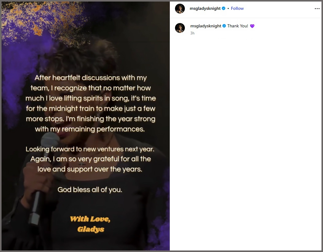 Gladys Knight Signals End of Touring With New Statement (Credit: Instagram/Gladys Knight)