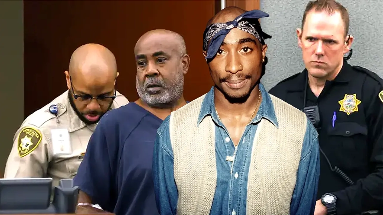 Duane "Keefe D" Davis in court with an inset of Tupac Shakur. (Credit: YouTube and a Tupac handout photo)