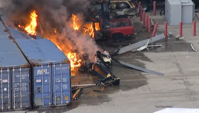 Three people were killed and another person was rushed to a hospital from injuries sustained when an NBC4 Los Angeles helicopter crashed while covering a deadly traffic collision on Tuesday, Aug. 15, 2026. (Credit: YouTube/ABC7)