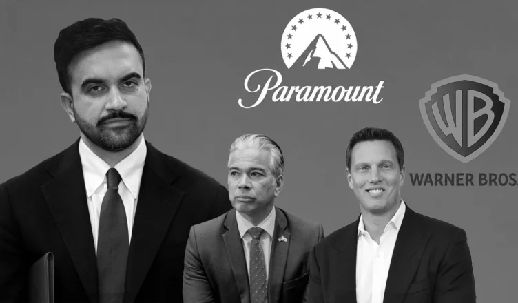 (L-R) New York City Mayor Zohran Mamdani, California Attorney General Rob Bonta, and Paramount Skydance CEO David Ellison are shown with the Paramount and Warner Bros. logos in a composite image made with Photoshop. (Credit: Shutterstock and Getty Images)