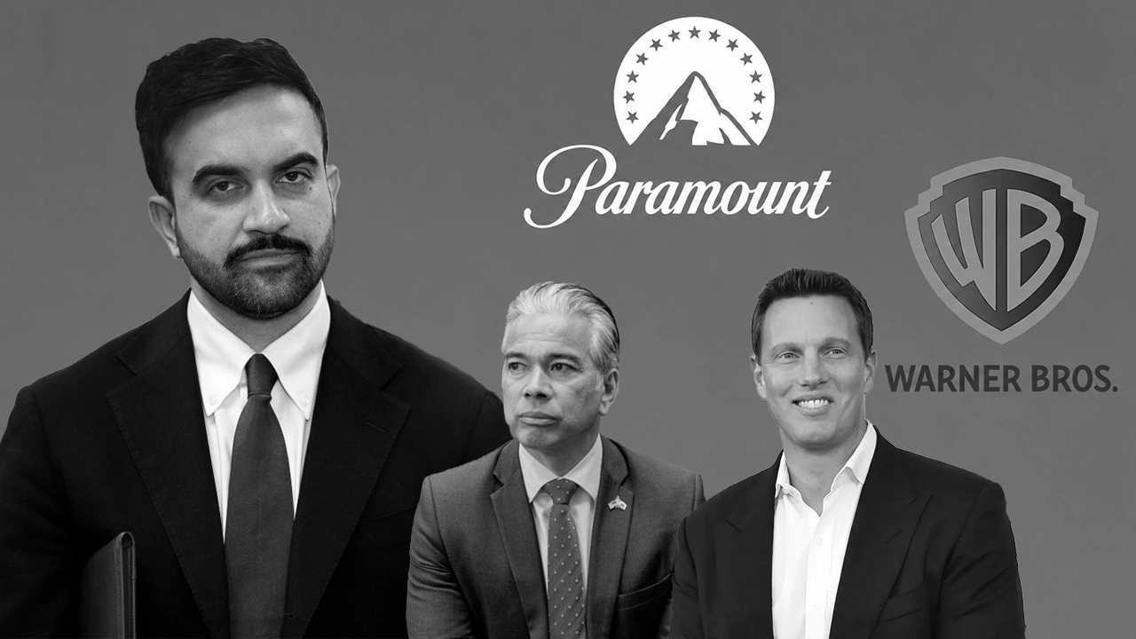 (L-R) New York City Mayor Zohran Mamdani, California Attorney General Rob Bonta, and Paramount Skydance CEO David Ellison are shown with the Paramount and Warner Bros. logos in a composite image made with Photoshop. (Credit: Shutterstock and Getty Images)