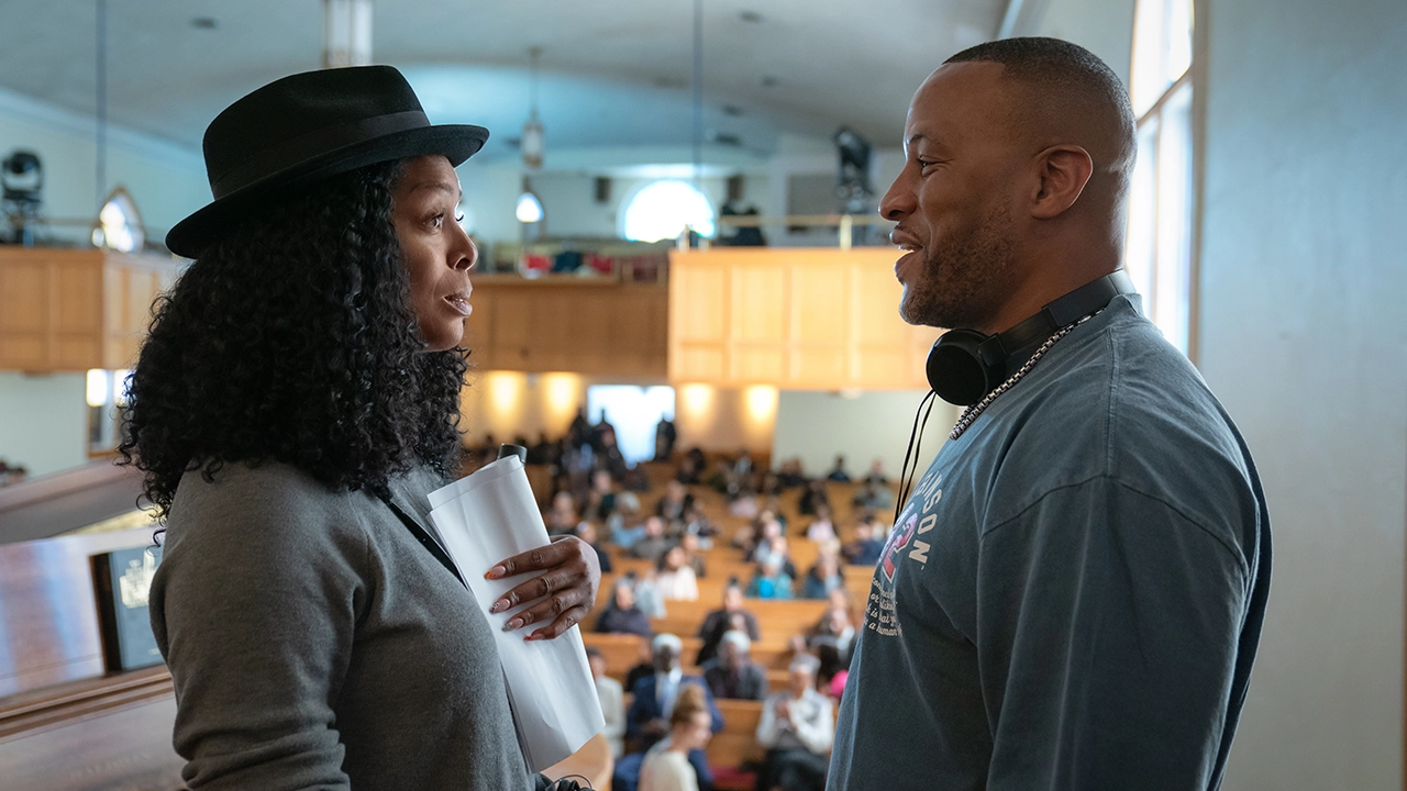 Tasha Smith and DeVon Franklin on the Set of Give Me Some Sugah (Credit: Netflix)