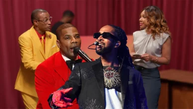 Kirk Franklin and Omarion are shown over a screengrab from The Varnell Hill Show trailer. (Credit: Paramount+, BET and Shutterstock)
