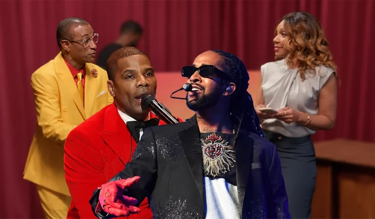 Kirk Franklin and Omarion are shown over a screengrab from The Varnell Hill Show trailer. (Credit: Paramount+, BET and Shutterstock)