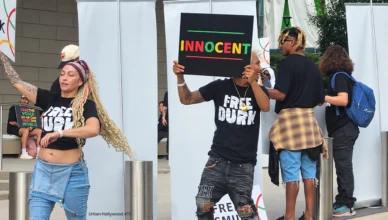 Protesters gathered outside a federal courthouse in Los Angeles to voice support for rapper Lil Durk in his murder-for-hire trial on Sept. 8, 2026. (Credit: Anita Bennett/Urban Hollywood 411)