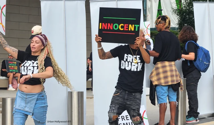 Protesters gathered outside a federal courthouse in Los Angeles to voice support for rapper Lil Durk in his murder-for-hire trial on Sept. 8, 2026. (Credit: Anita Bennett/Urban Hollywood 411)