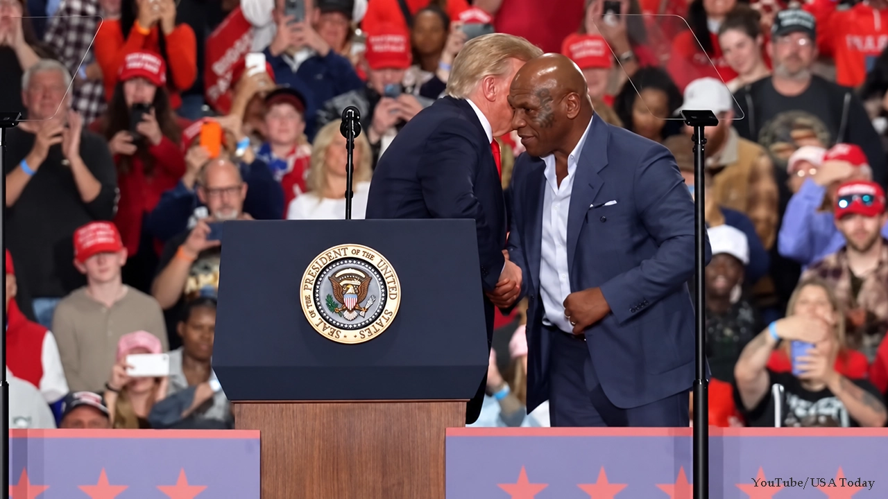 Mike Tyson joined President Donald Trump at a campaign rally for Republican Bruce Blakeman in Syracuse, New York on Friday, October 9, 2026. (Credit: YouTube/USA Today)