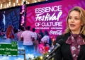 Composite image from screengrabs of the Essence Festival of Culture, New Orleans Mayor Helena Moreno and a Deposit Photos image of a New Orleans freeway sign. (Credit: YouTube/WWL and Deposit Photos)