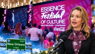 Composite image from screengrabs of the Essence Festival of Culture, New Orleans Mayor Helena Moreno and a Deposit Photos image of a New Orleans freeway sign. (Credit: YouTube/WWL and Deposit Photos)
