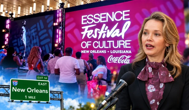 Composite image from screengrabs of the Essence Festival of Culture, New Orleans Mayor Helena Moreno and a Deposit Photos image of a New Orleans freeway sign. (Credit: YouTube/WWL and Deposit Photos)