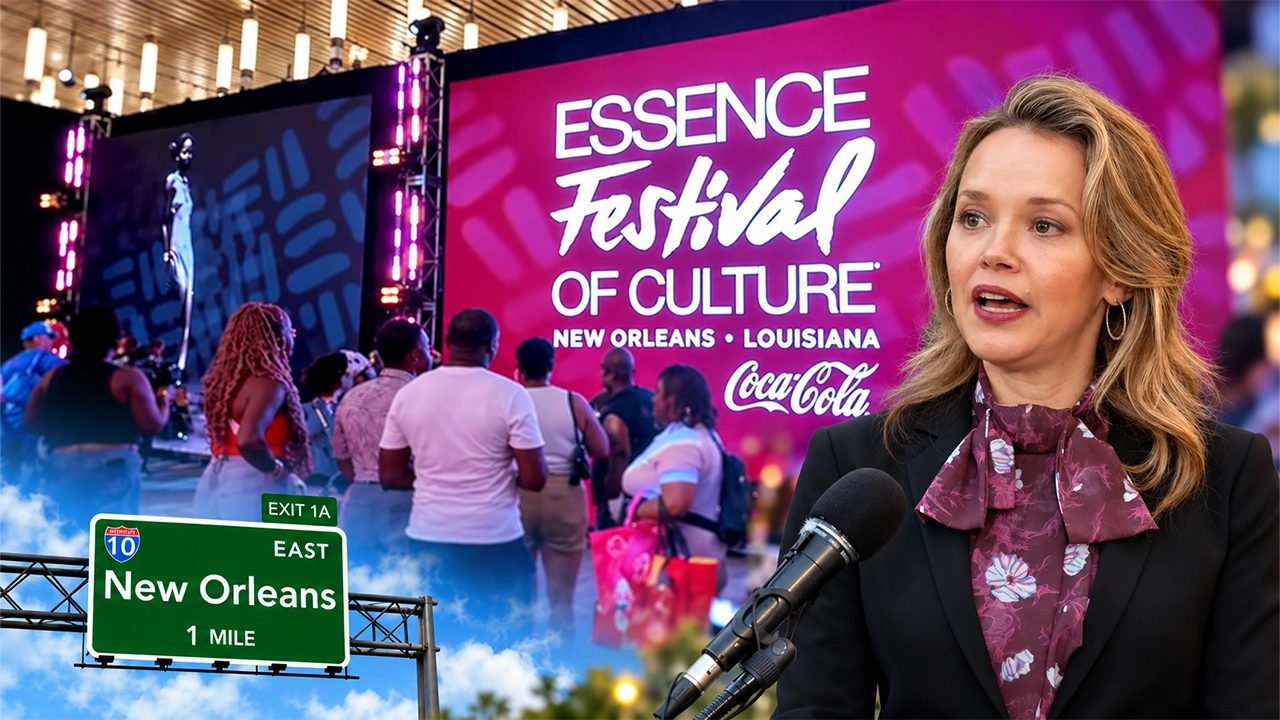 Composite image from screengrabs of the Essence Festival of Culture, New Orleans Mayor Helena Moreno and a Deposit Photos image of a New Orleans freeway sign. (Credit: YouTube/WWL and Deposit Photos)