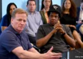 NFL Commissioner Roger Goodell and Jay-Z at the Roc Nation and NFL partnership announcement at Roc Nation Aug. 14, 2019, in New York City. (Kevin Mazur/Getty Images for Roc Nation)