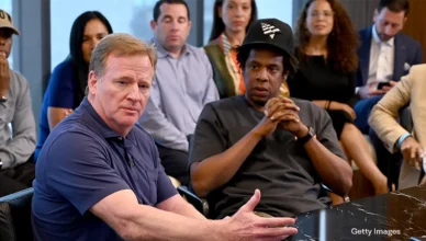 NFL Commissioner Roger Goodell and Jay-Z at the Roc Nation and NFL partnership announcement at Roc Nation Aug. 14, 2019, in New York City. (Kevin Mazur/Getty Images for Roc Nation)