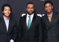 (L-R) Demetrius Flenory Jr., 50 Cent and Da'Vinchi arrive at the Los Angeles Premiere BMF Season 2 on January 5, 2023 in Los Angeles (Credit: Image Press Agency)